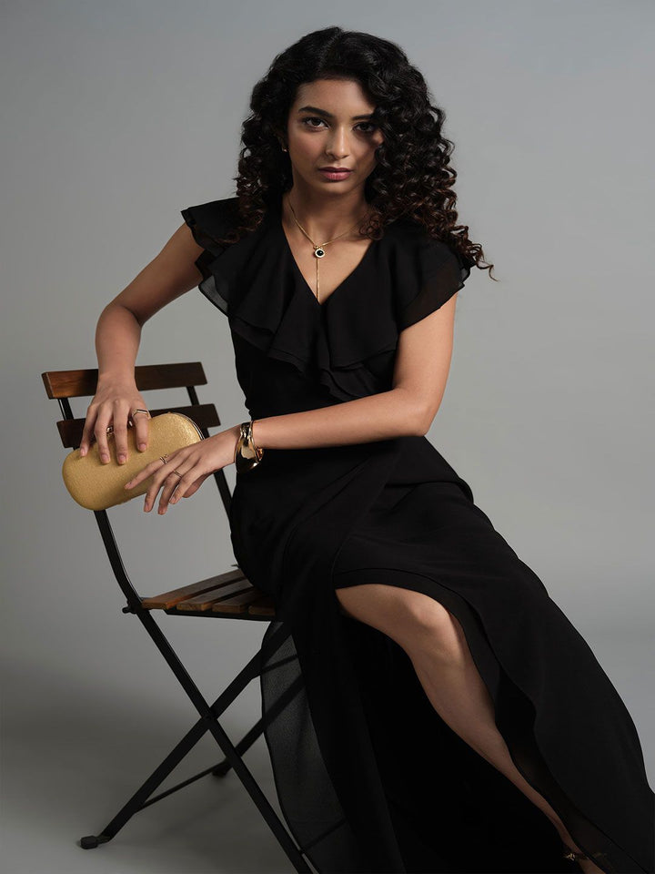 AND V-Neck Flutter Sleeves Gown Dress