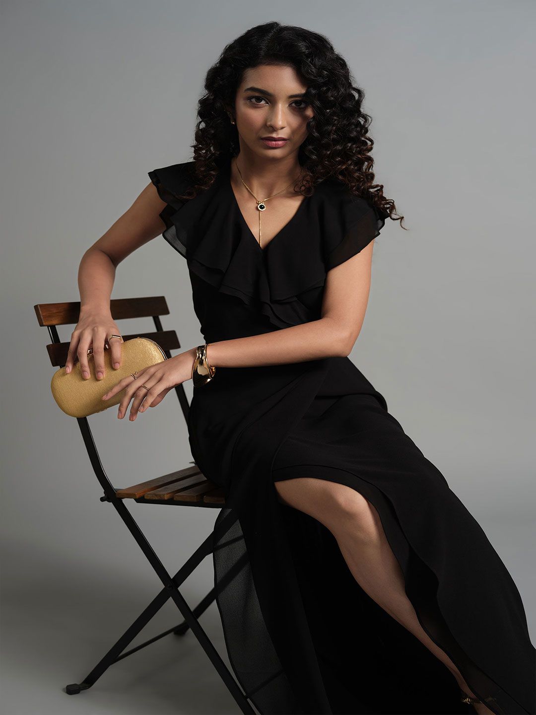 AND V-Neck Flutter Sleeves Gown Dress
