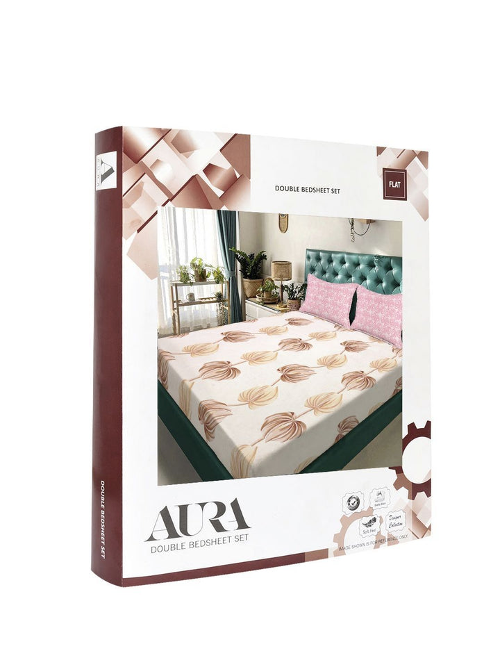 Aura Berwarna Krim & Coklat Bercetak Bunga Set Cadar King 300 TC 2.5 x 2.25 m