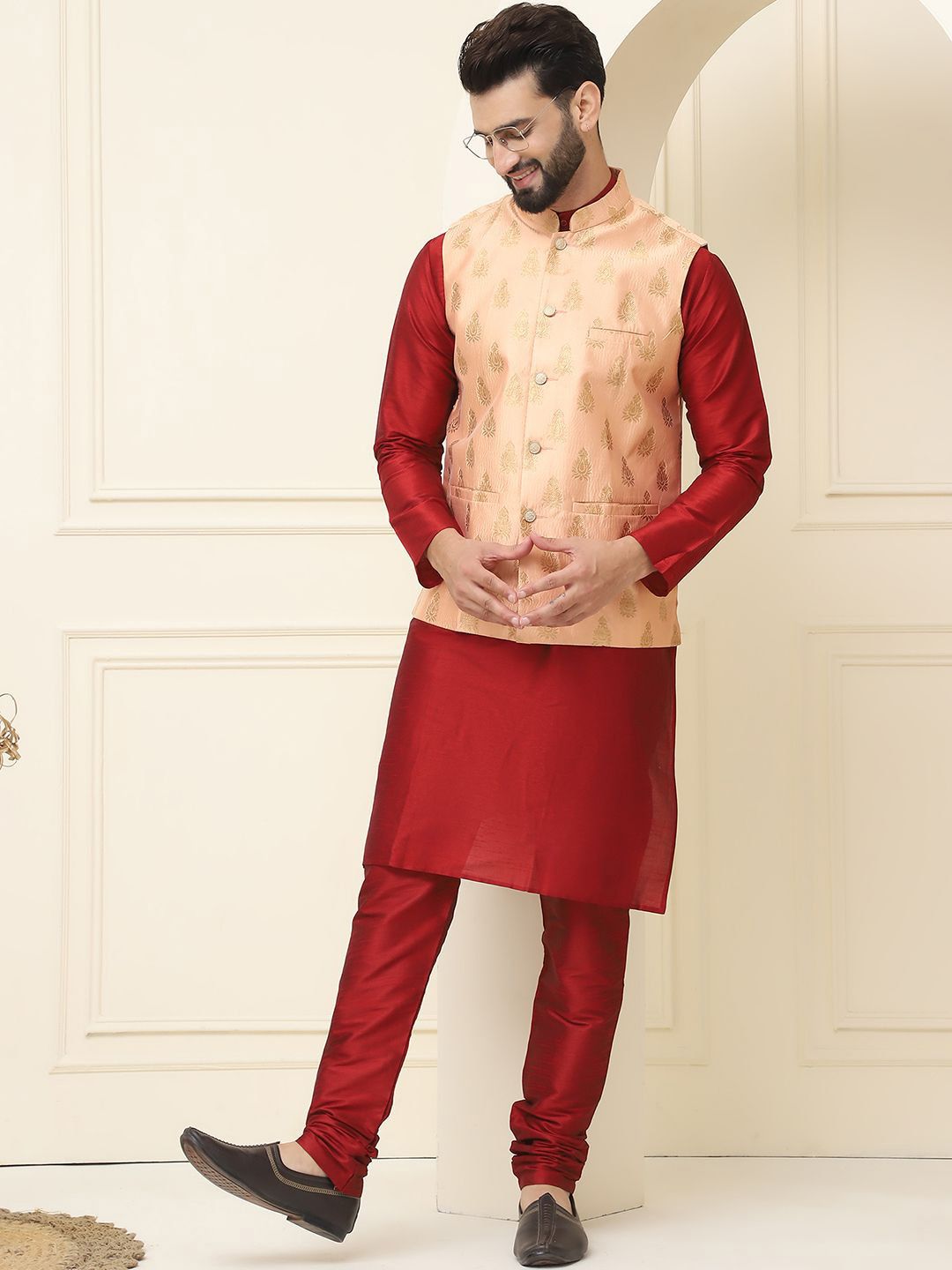 SOJANYA Mandarin Collar Zari Silk Cotton Straight Kurta with Pyjamas & Nehru jacket