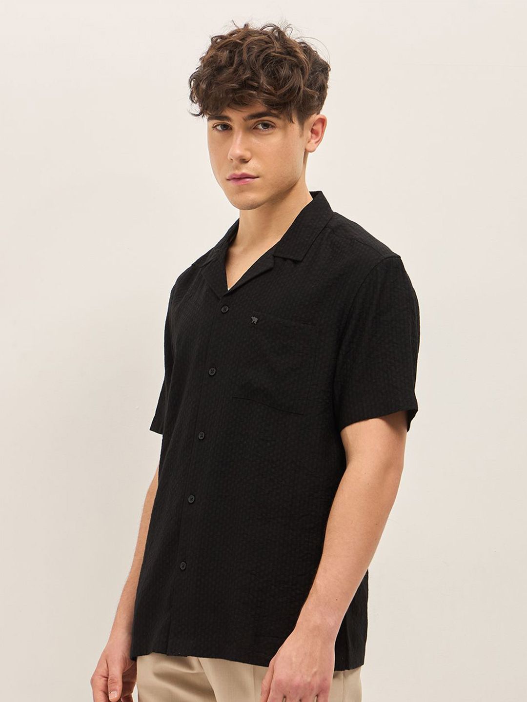 THE BEAR HOUSE Men Cuban Collar Solid Nylon Casual Shirt