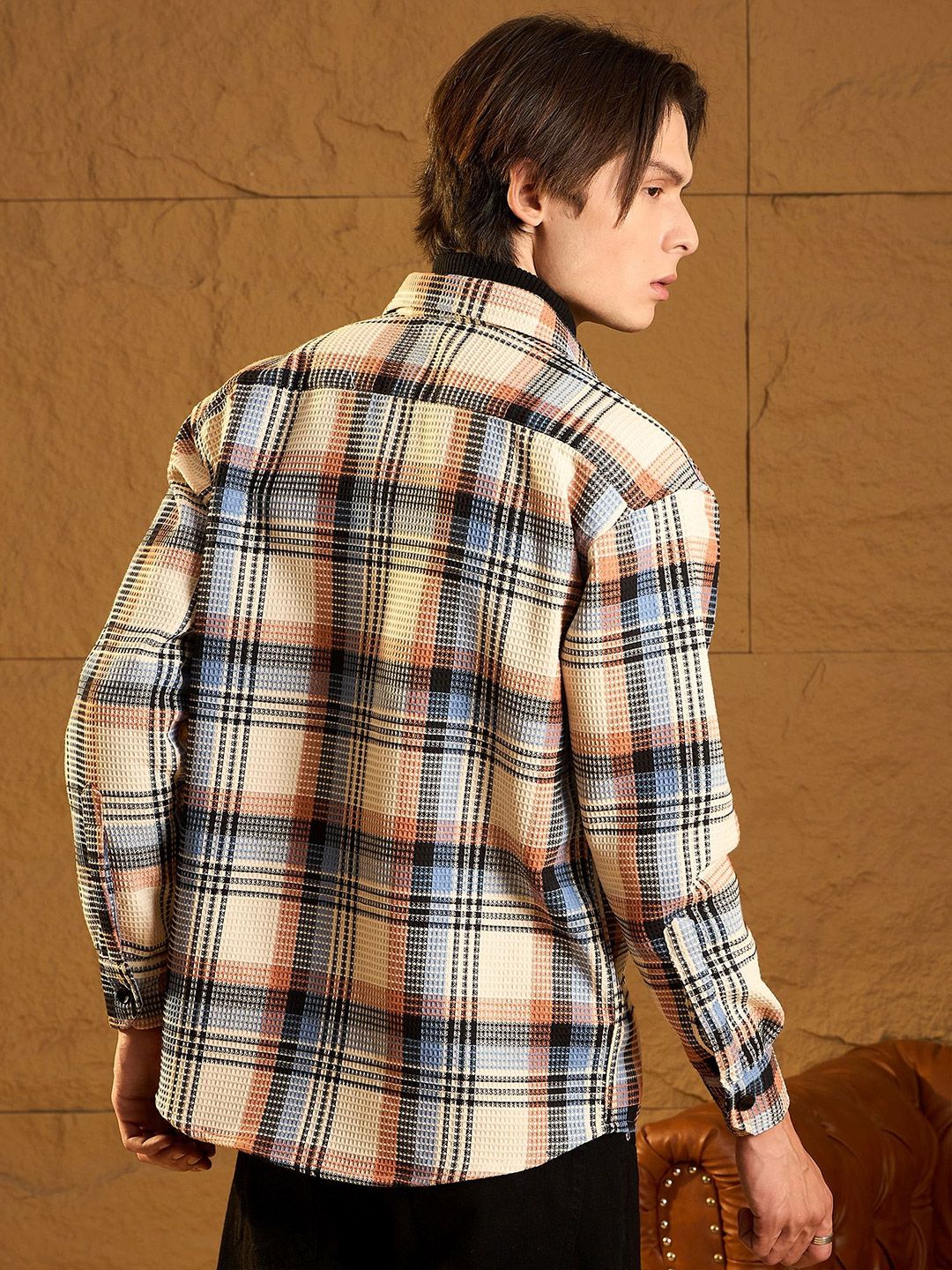 DENNISON Men Double Pocket Drop Shoulder Oversized Cotton Checked Shacket