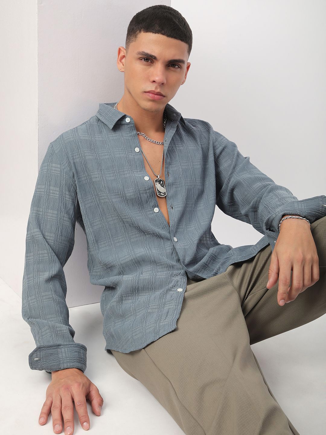 VASTRADO Men Classic Spread Collar Textured Slim Fit Casual Shirt