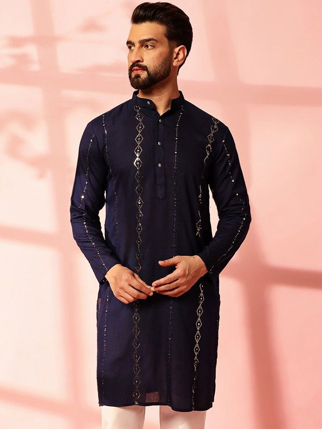 Anouk Striped Embroidered Mandarin Collar Sequinned Cotton Straight Kurta