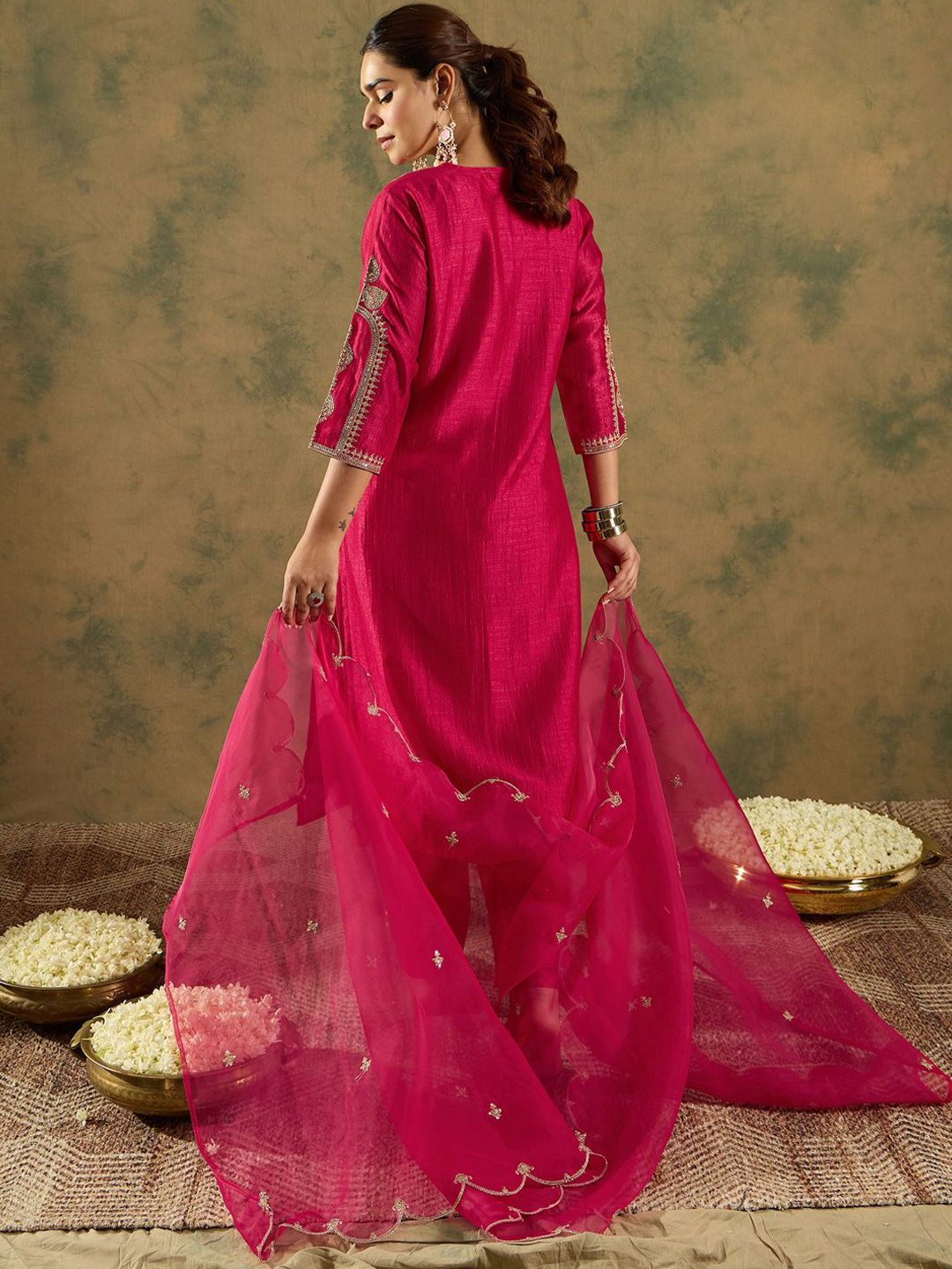 Indo Era Ethnic Motifs Embroidered Panelled A-Line Kurta with Trousers & Dupatta