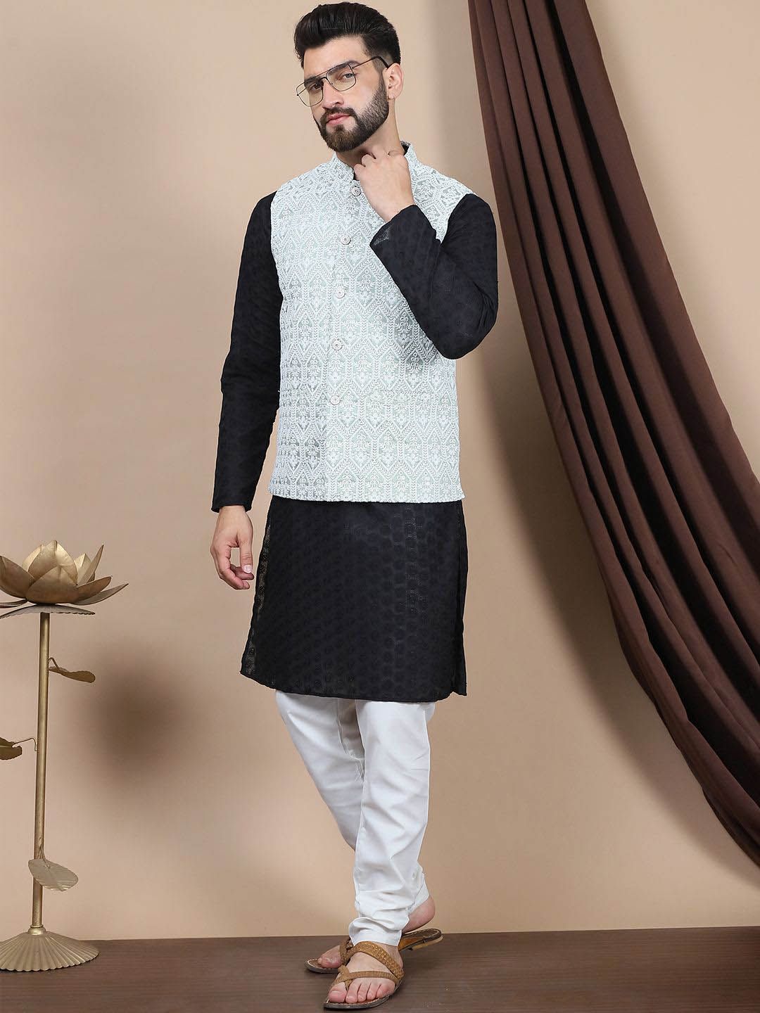 Anouk Black Ethnic Motifs Embroidered Pure Cotton Straight Kurta with Churidar