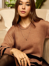 Berrylush Women Striped V-Neck Longline Pullover Sweater