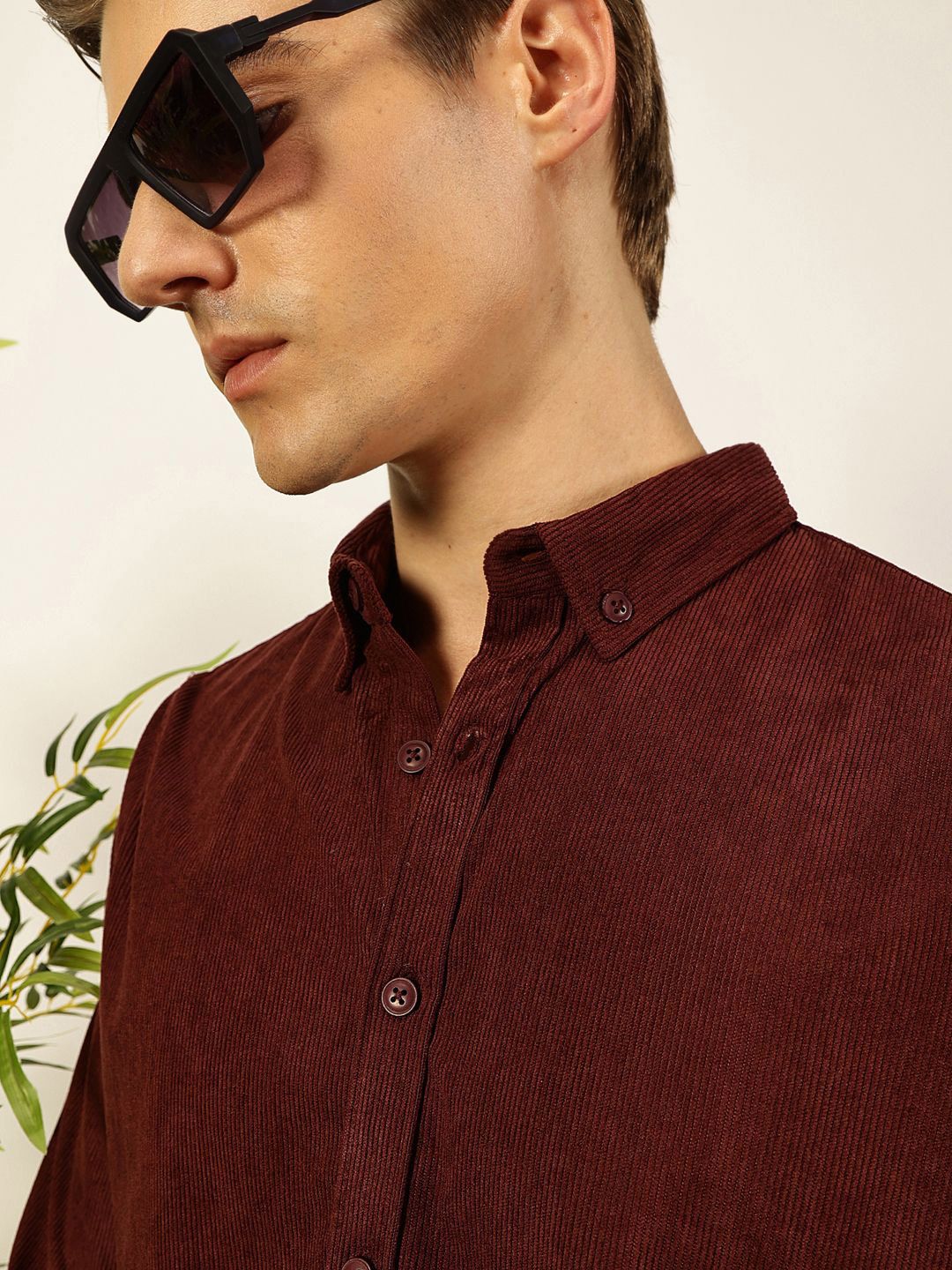 Thomas Scott Men Premium Textured Corduroy Slim Fit Button-Down Collar Casual Shirt