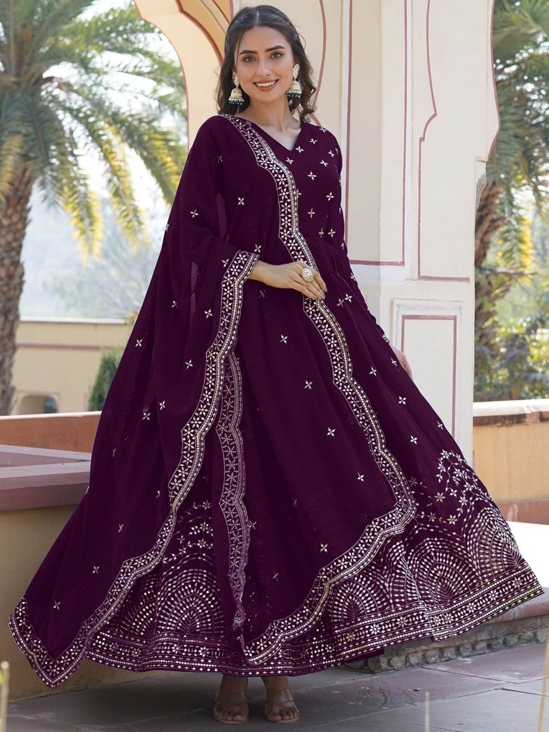KALINI Floral Embroidered V Neck Gotta Patti Work Georgette Anarkali Kurta With Dupatta