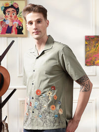Eszett Floral Printed Spread Collar Embroidered Casual Shirt