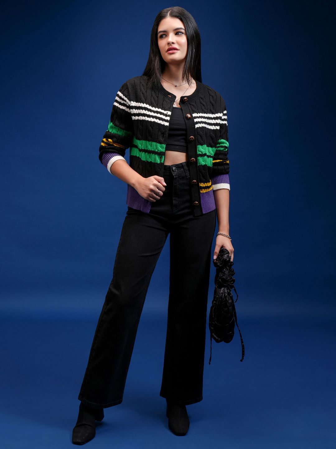 Tokyo Talkies Women Self Design Cable Knit Cardigan Sweater