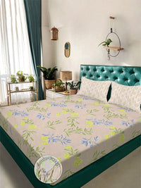 Set Cadar King Double Aura Beige & Blue Floral 300 TC 2.50 m x 2.25 m