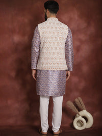 Anouk Striped Mandarin Collar Knee Length Regular Kurta with Churidar