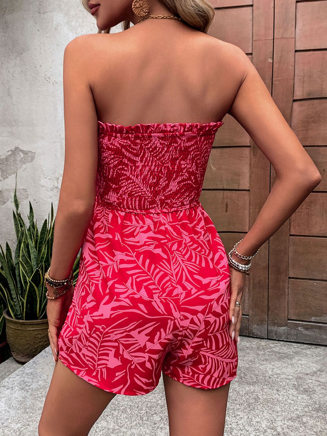 DressBerry Strapless Smocked Tropical Print Playsuit