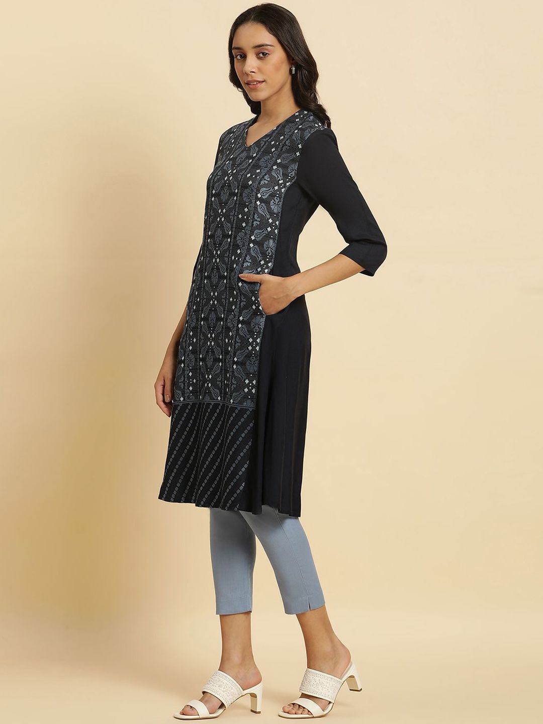 W Floral Embroidered V Neck A Line Kurta