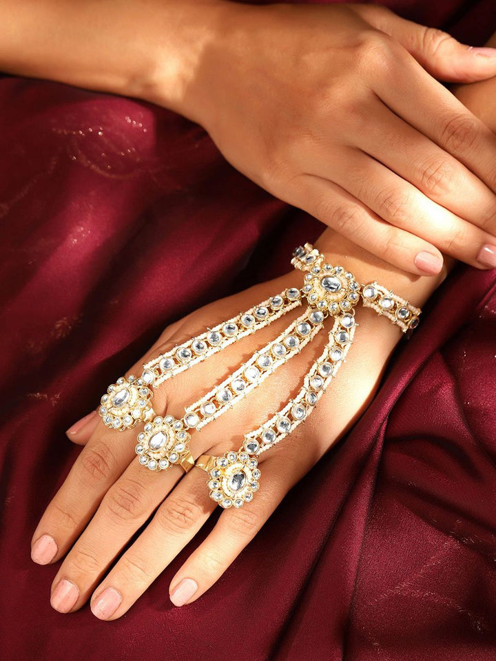 Priyaasi Women Gold-Plated Kundan Stone Studded & Pearls Beaded Hathphool Bracelet