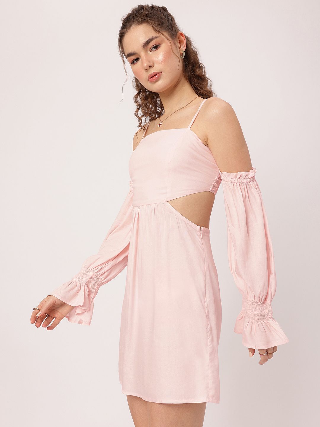 DressBerry Fairy Core Cold-Shoulder Sleeves Cut-Out Smocked Mini Dress