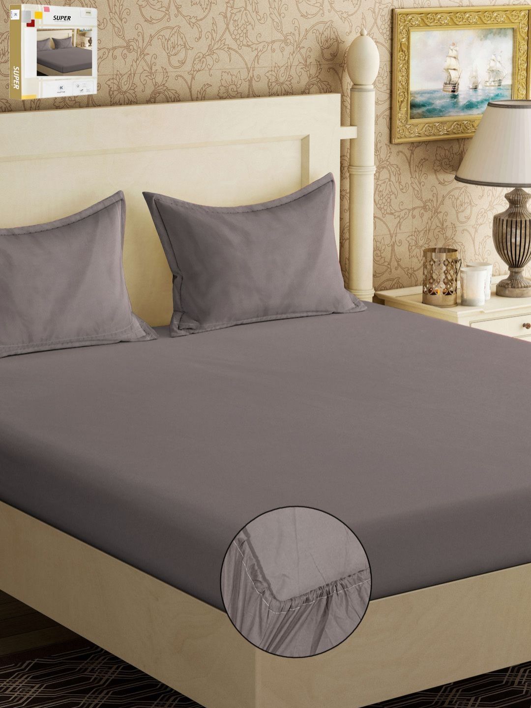KLOTTHE Grey Polycotton Skin-Friendly 300 TC Fitted King Bedsheet with 2 Pillow Covers-98 x 89 inches