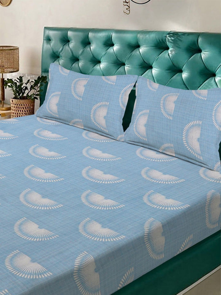Aura Blue & White Geometric 300 TC Fitted Double King Bedsheet Set 2.50 m x 2.25 m