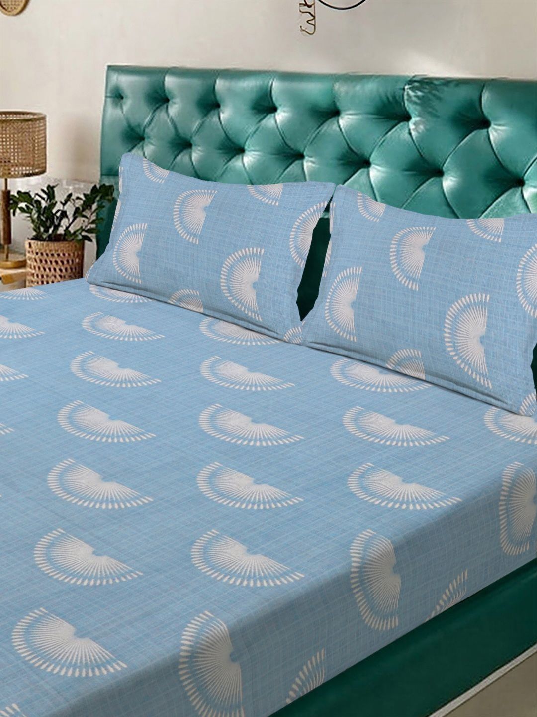 Aura Blue & White Geometric 300 TC Fitted Double King Bedsheet Set 2.50 m x 2.25 m