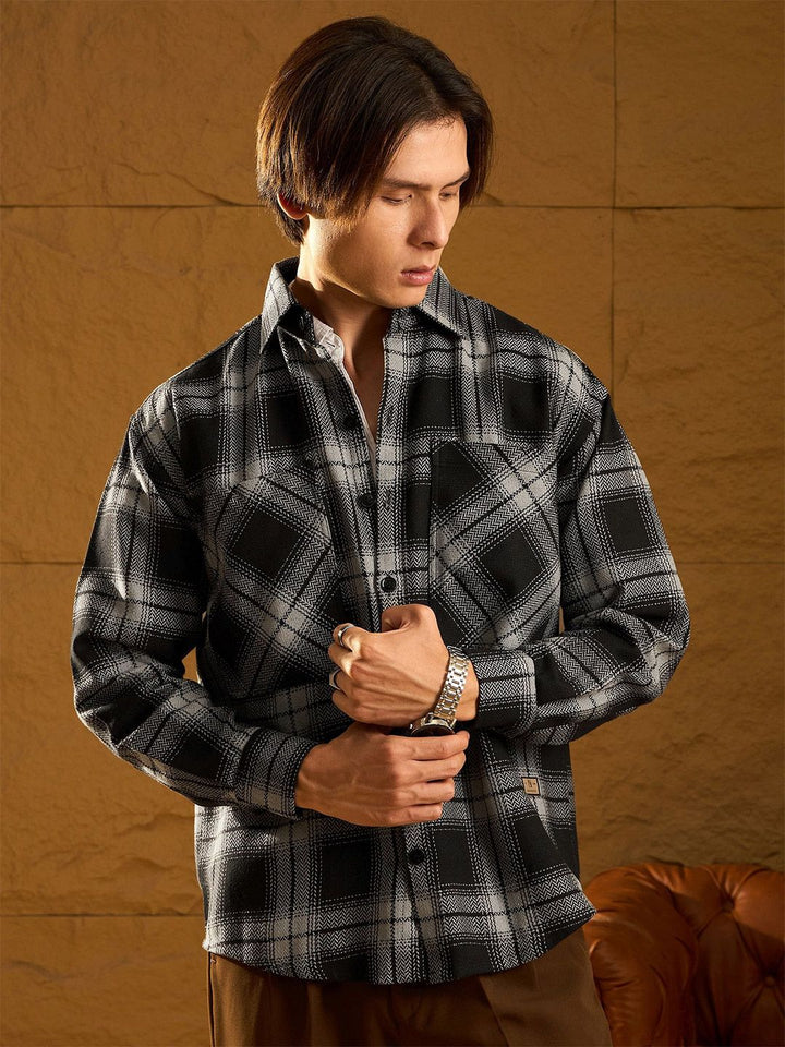 DENNISON Men Double Pocket Drop Shoulder Oversized Cotton Checked Shacket