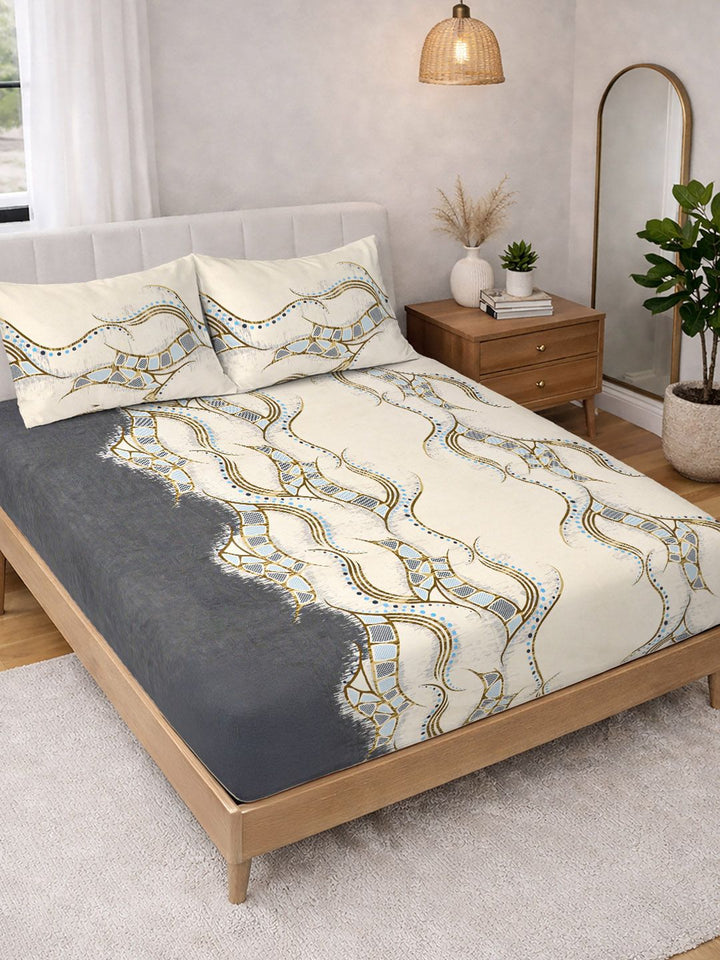 KLOTTHE Cream Color & Blue Printed 300 TC Double Bedsheet & 2 Pillow Covers-2.5 m x 2.25 m
