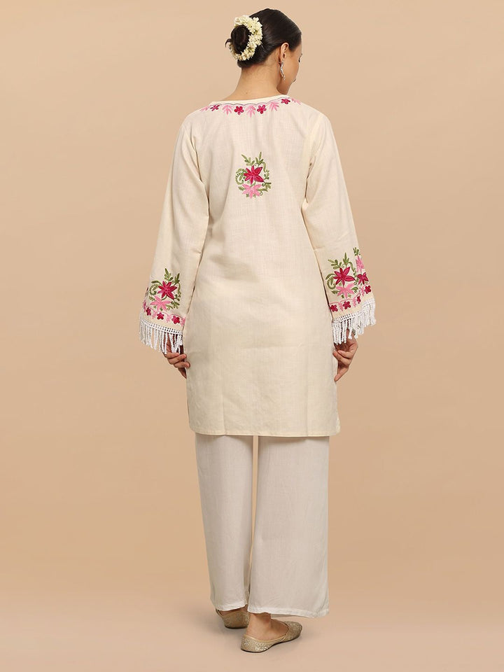 HOUSE OF KARI Falak Kashmiri Embroidered Flared Sleeves Thread Work Cotton Straight Kurta