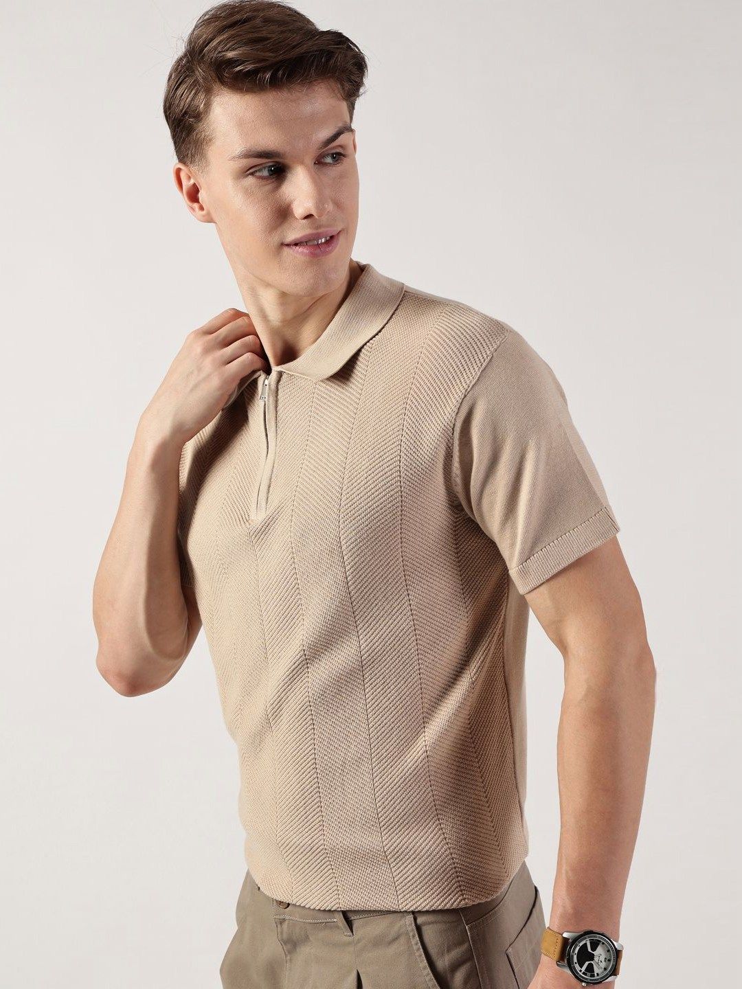 Thomas Scott Men Self Design Polo Collar Pure Cotton T-shirt