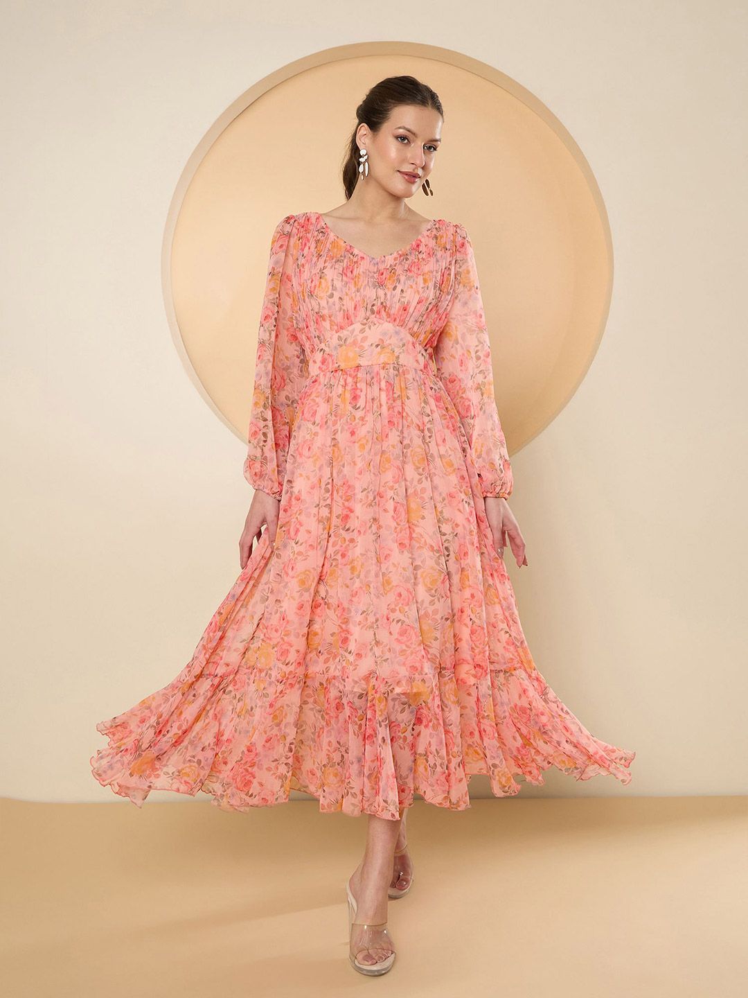 Antheaa Floral Print Bell Sleeve Chiffon Fit & Flare Midi Dress