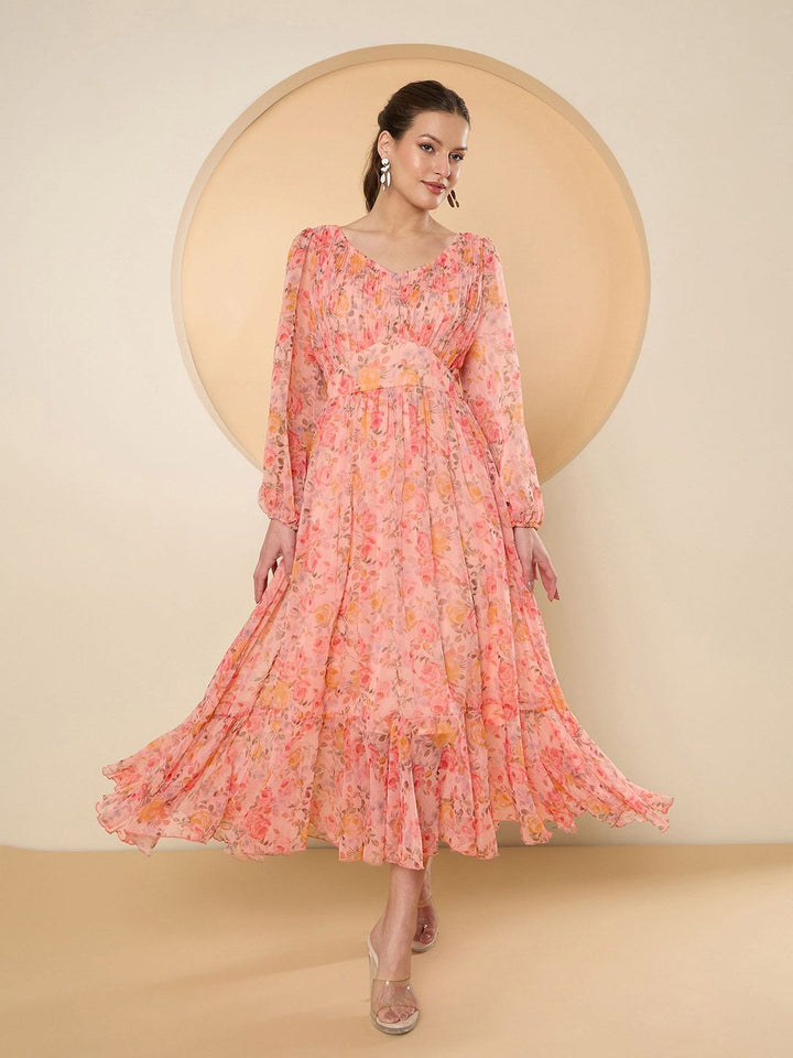 Antheaa Floral Print Bell Sleeve Chiffon Fit & Flare Midi Dress