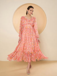 Antheaa Floral Print Bell Sleeve Chiffon Fit & Flare Midi Dress
