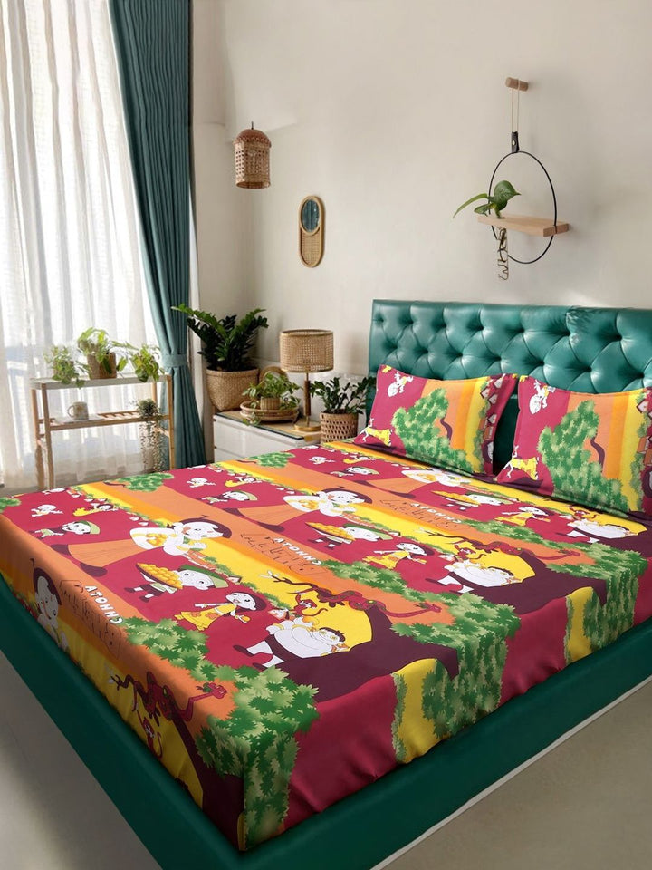 Myntra Elegant Homes Kartun Merah Cetakan Kapas 400TC King Cadar Katil Double & 2 Sarung Bantal