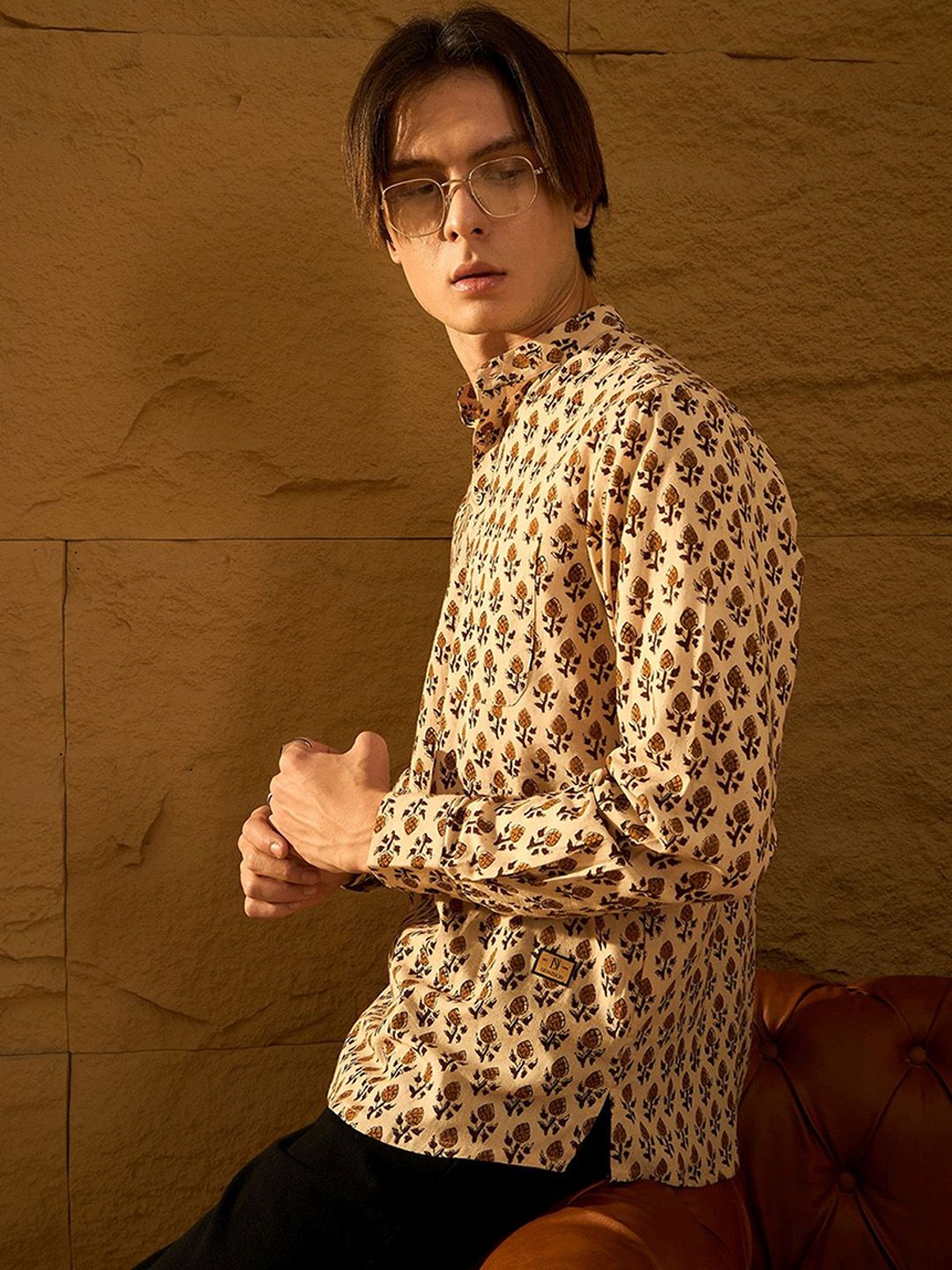 DENNISON Floral Block Printed Mandarin Collar Cotton Short Kurta