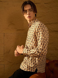 DENNISON Floral Block Printed Mandarin Collar Cotton Short Kurta