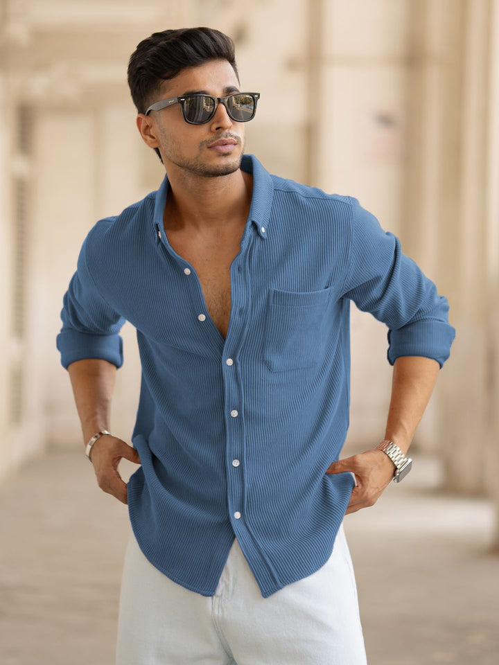 Powerlook Men Textured Spread Collar Cotton Casual Shirt