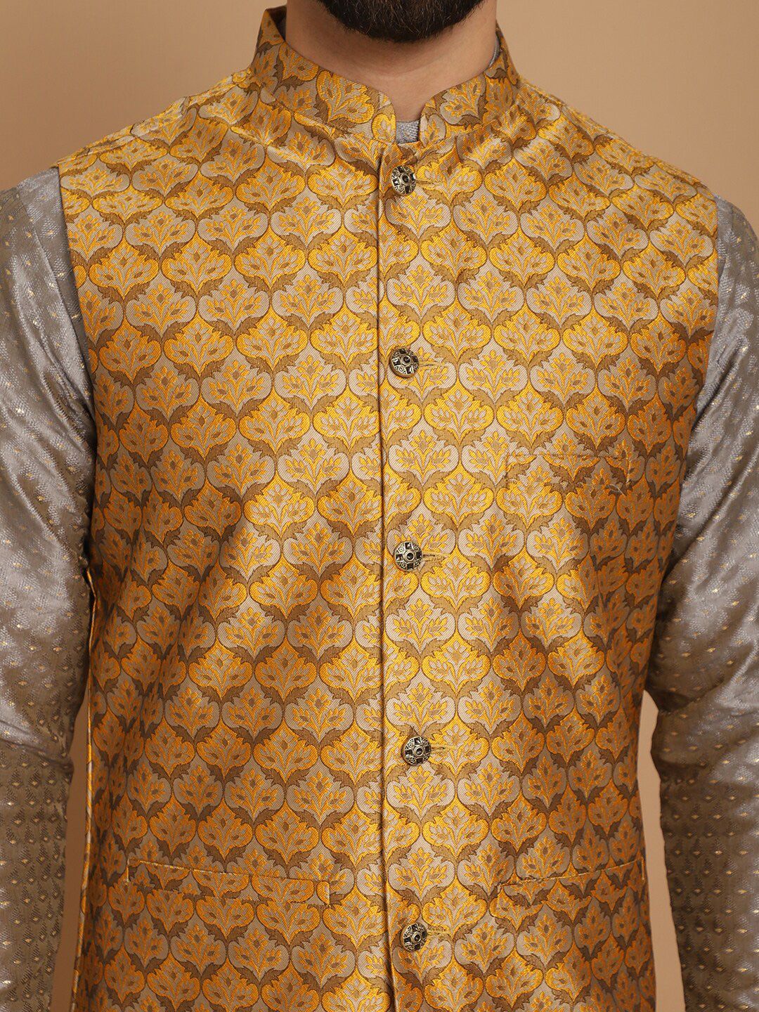 Anouk Embroidered Regular Thread Work Jacquard Silk Kurta With Churidar & Nehru Jacket