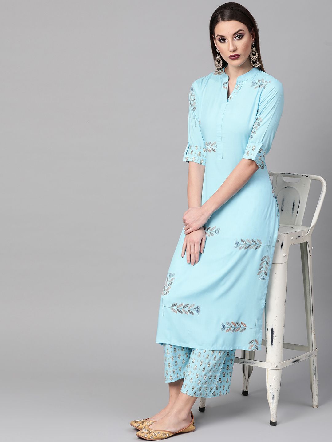 Gerua By Libas Women Blue  Mustard Yellow Block Print Kurta with Palazzos