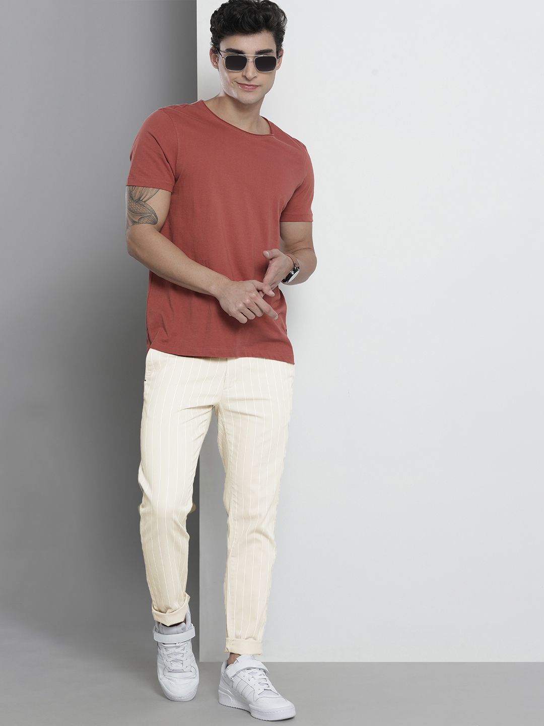The Indian Garage Co Men Beige Striped Slim Fit Trousers