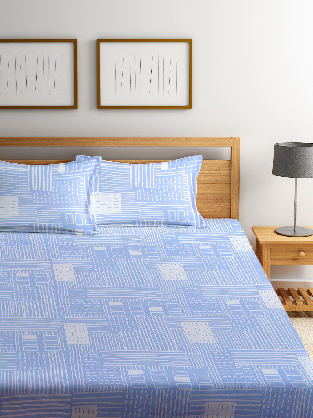 KLOTTHE Blue Geometric Patterned 300 TC Fitted King Bedsheet With 2 Pillow Covers