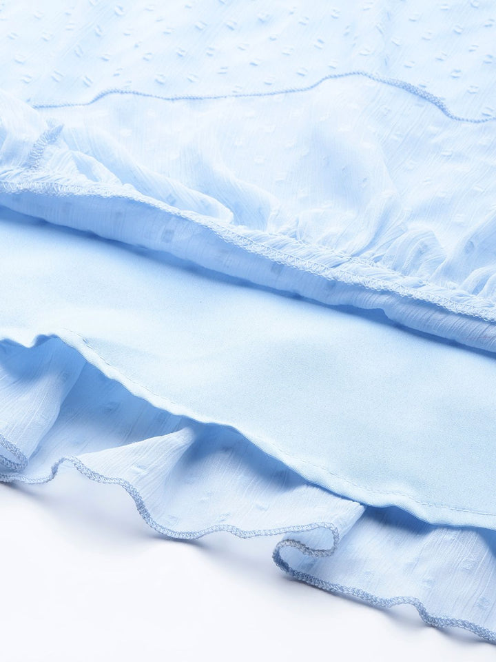 Antheaa Women Blue Dobby Weave Ruffle Detail A-Line Dress