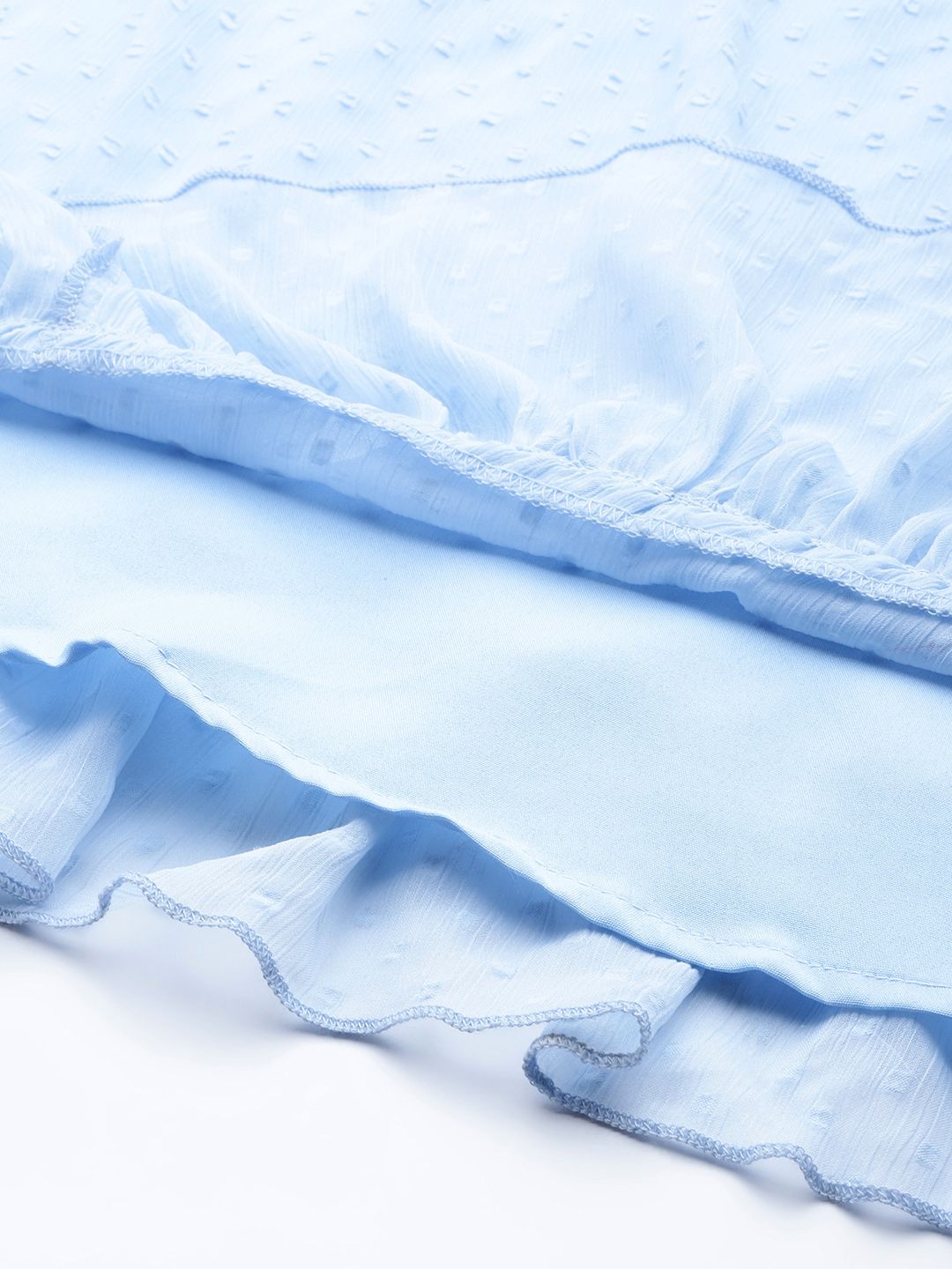 Antheaa Women Blue Dobby Weave Ruffle Detail A-Line Dress