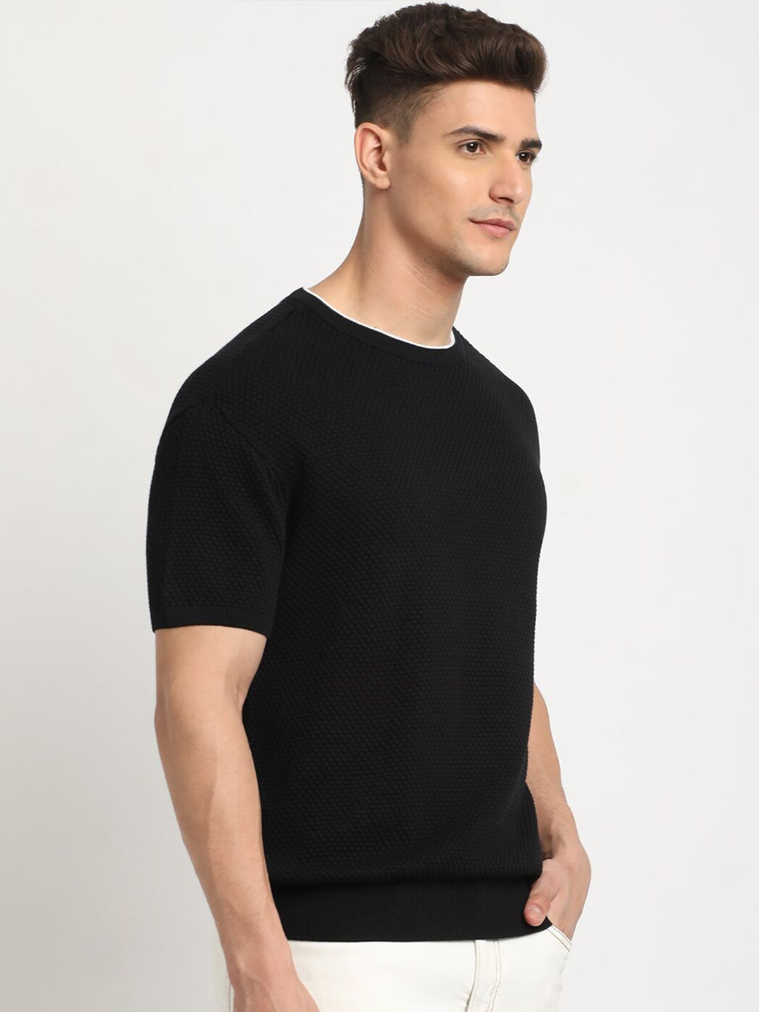 THE BEAR HOUSE Self Design Round Neck Drop-Shoulder Sleeves Cotton T-shirt