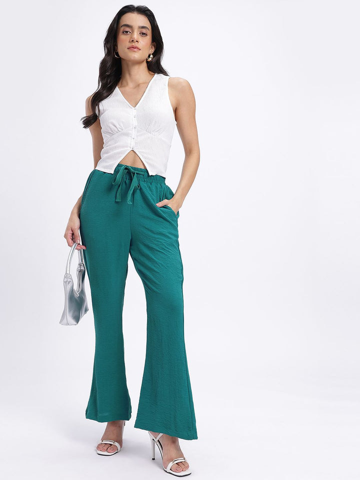 DressBerry Women Mid-Rise Crinkled Effect Flared Fit Trousers