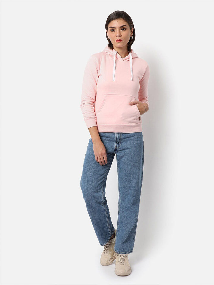 Kampus Sutra Wanita Pink Polid Hooded Pull Over Sweatshirt