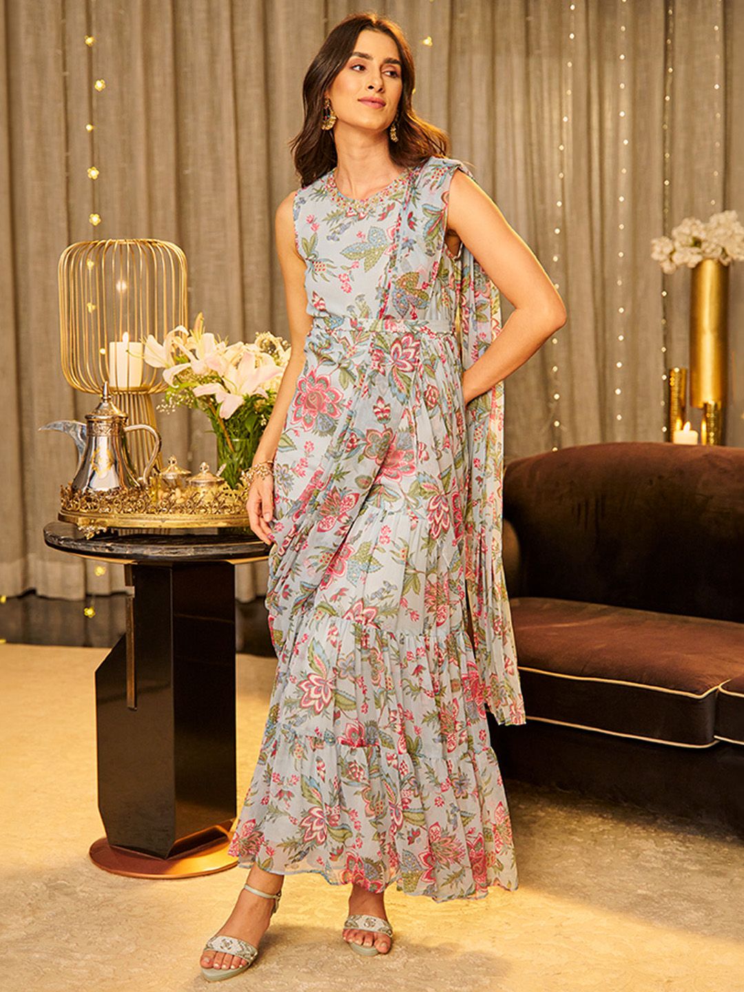 W Floral Printed Waist Tie-Ups Culotte Jumpsuit