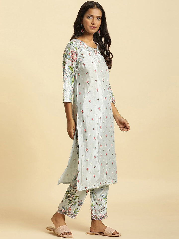 W Floral Printed Gotta Patti Straight Kurta With Trousers & Dupatta