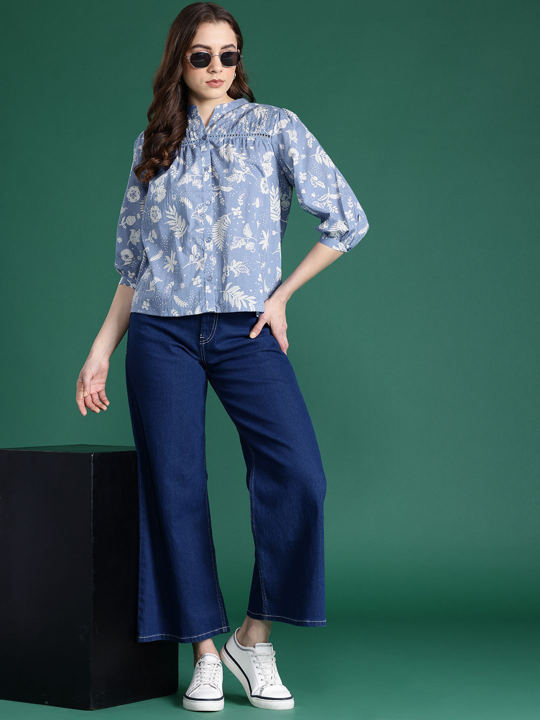 DressBerry Floral Print Mandarin Collar Cotton Shirt Style Top
