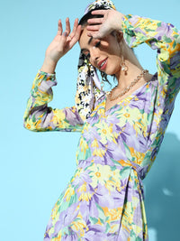 Berrylush Women Charming Purple Floral Wrap It Up Dress