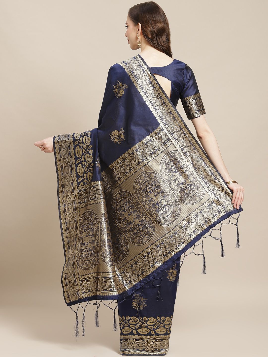 Saree mall Navy Blue & Golden Floral Woven Design Banarasi Saree
