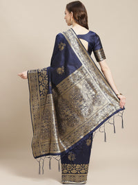 Saree mall Navy Blue & Golden Floral Woven Design Banarasi Saree